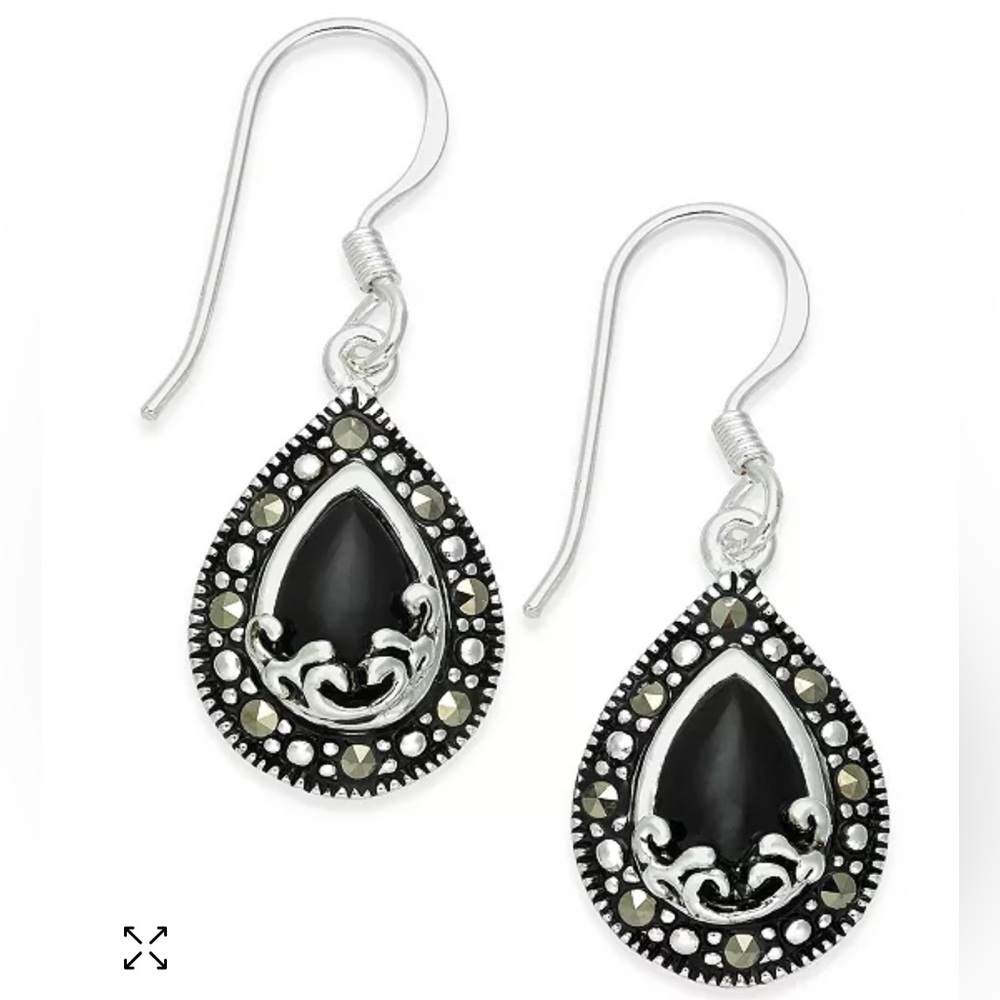 Marcasite Drop Earrings in Silver-Plate Black Onyx silver toned base tear drop